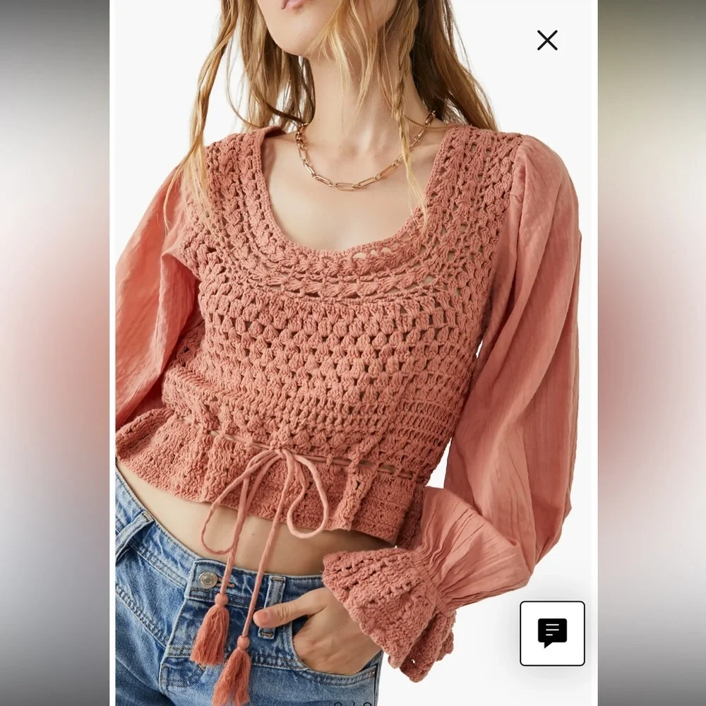 Free People Women's Megan Crochet Knit Peplum Puff Sleeve Top | NEW!!!⭐️⭐️‎